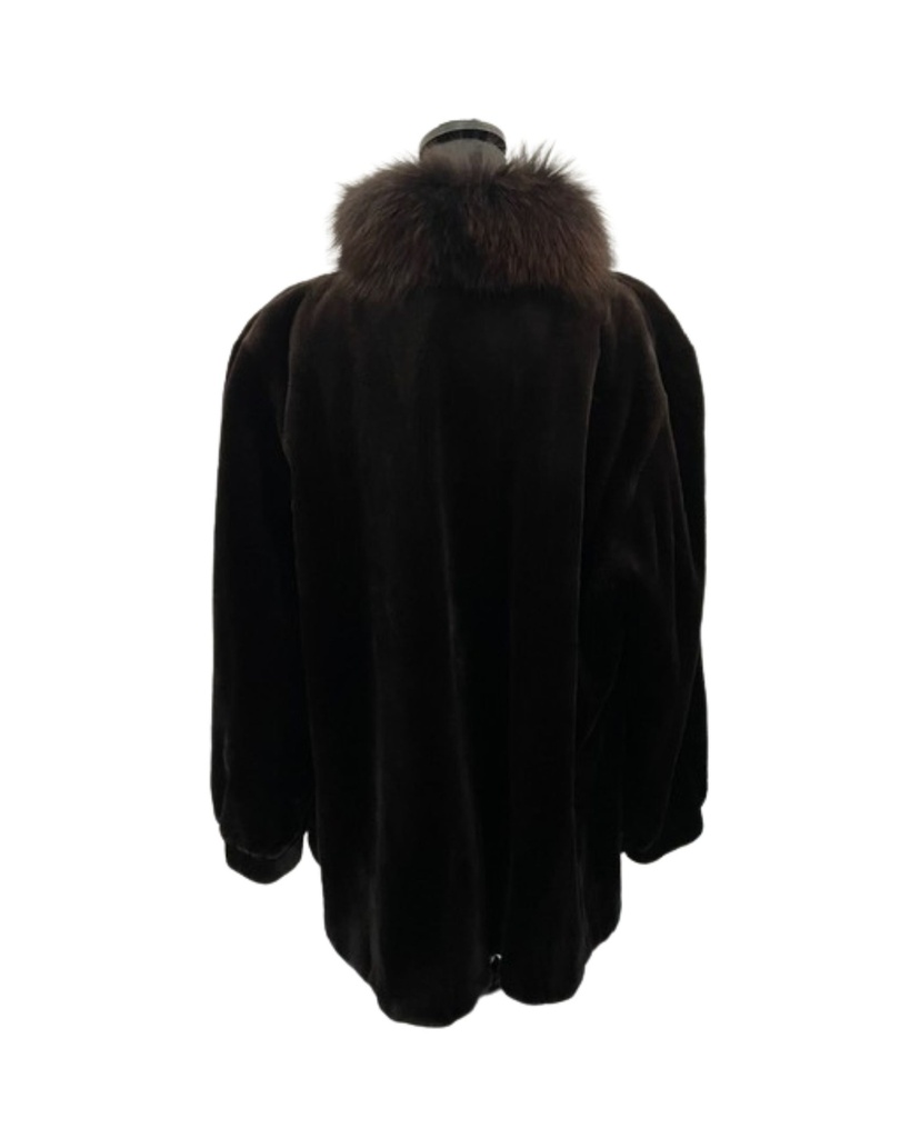 Dark Brown Sheared Mink with Fox Tuxedo Collar – Reversible to Italian Leather