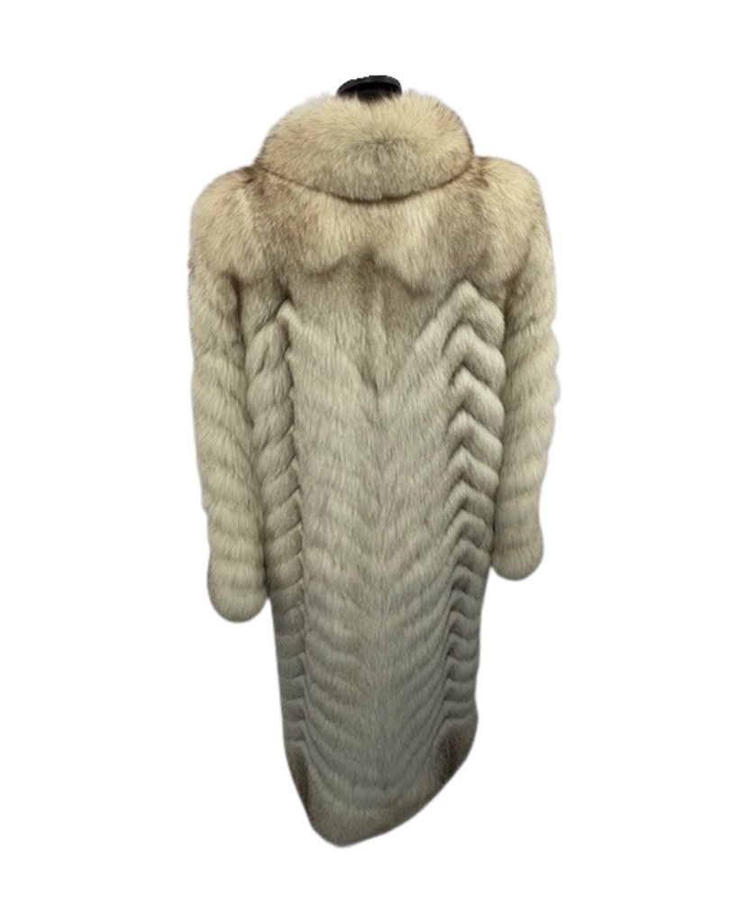 Full-Length Chevron Blue Fox Coat with Mandarin Collar and Tuxedo Front