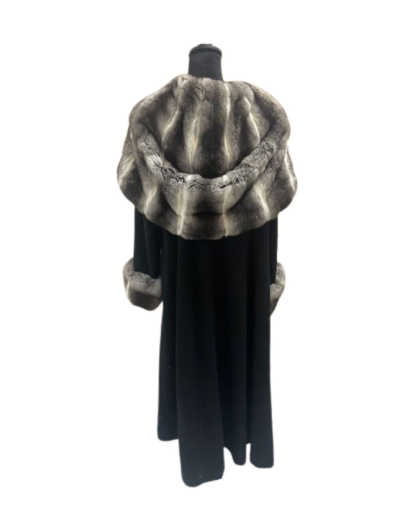 Black Cashmere Coat with Chinchilla Hood, Tuxedo Trim & Chinchilla Cuffs