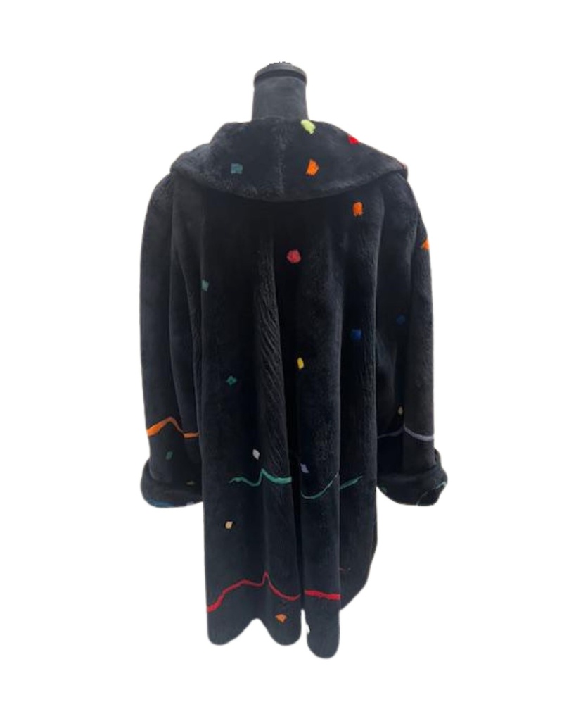 Black Sheared Beaver Coat by Saks Fifth Avenue with Multicolored Dots & Swirly Lines