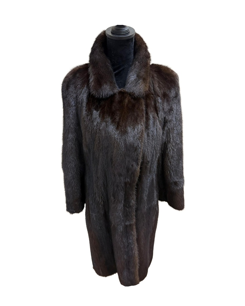 Mahogany Mink 3/4 to Full Length Male Skin Coat with Wing Tip Collar & Short Sleeves