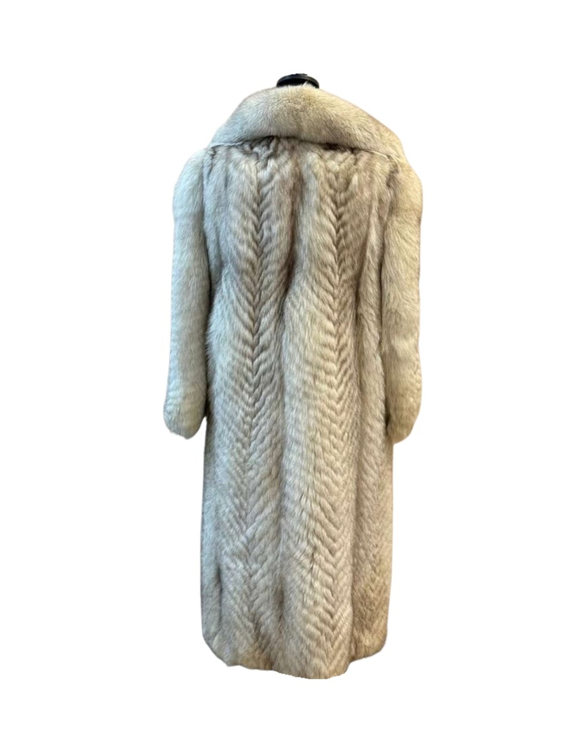 Full Length Blue Fox Coat with Notch Collar & Chevron Design