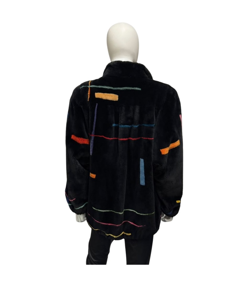 Sheared Beaver Fur Bomber Jacket with Multicolor Inserts