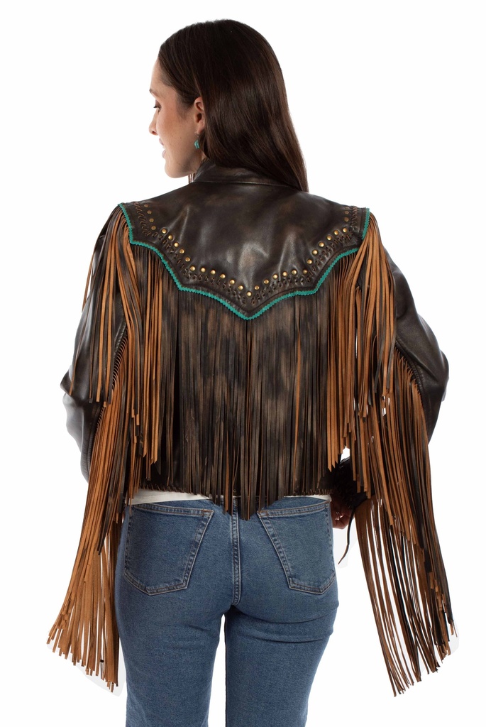 Ladies Smooth Fringe Leather Jacket (Vintage Black)