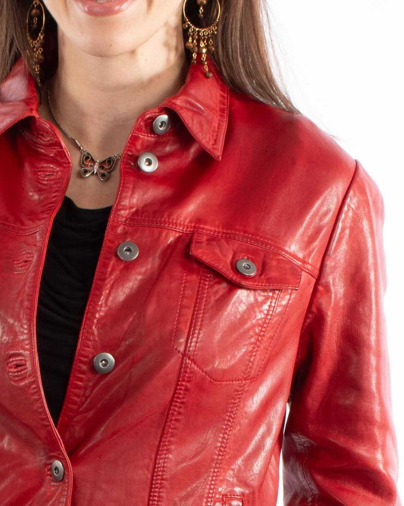 Ladies Leather Jean Jacket (Vintage Red)