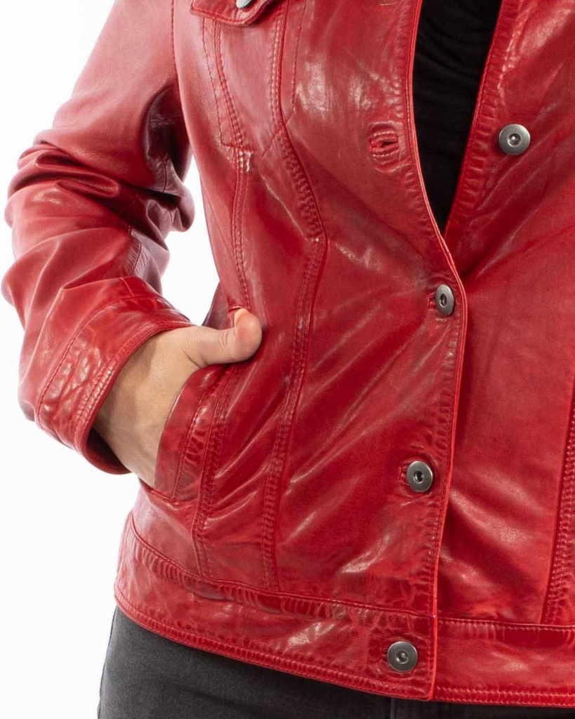 Ladies Leather Jean Jacket (Vintage Red)