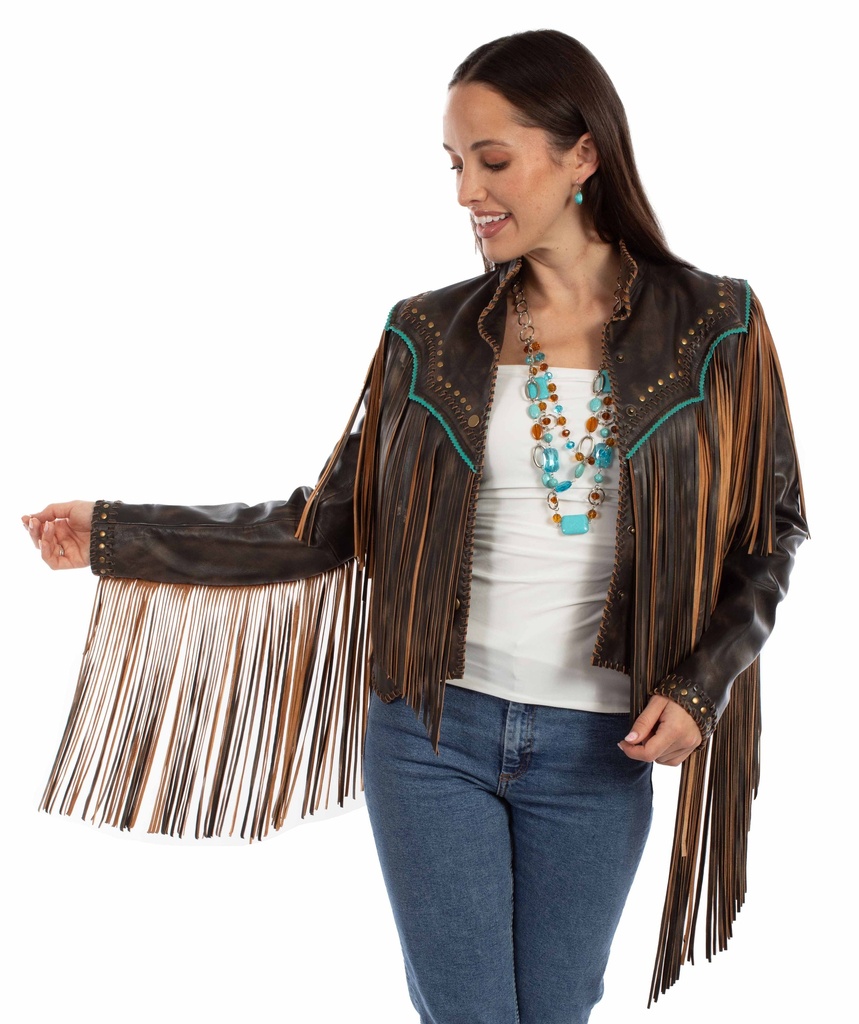 Ladies Studded Fringe Leather Jacket (Vintage Black)