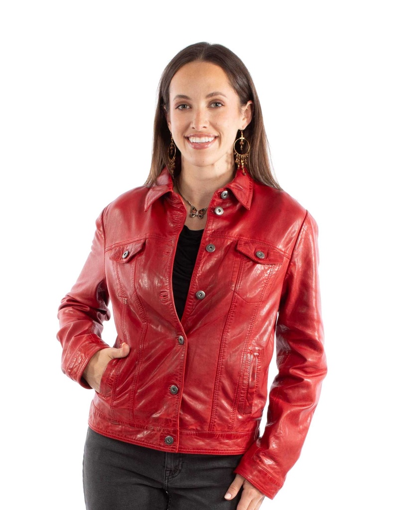 Ladies Leather Jean Jacket (Vintage Red)