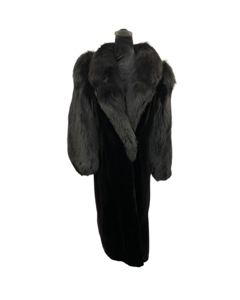 Black Sheared Beaver Full-Length Coat with Fox Tuxedo and Sleeves