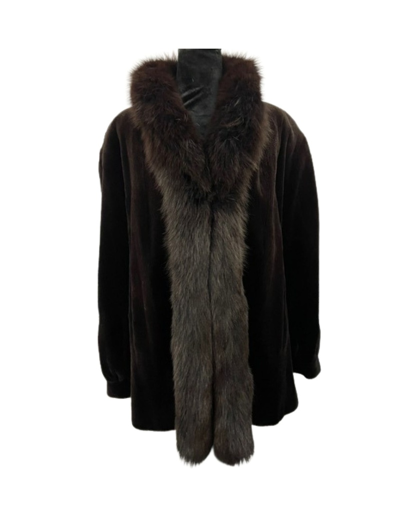 Dark Brown Sheared Mink with Fox Tuxedo Collar – Reversible to Italian Leather