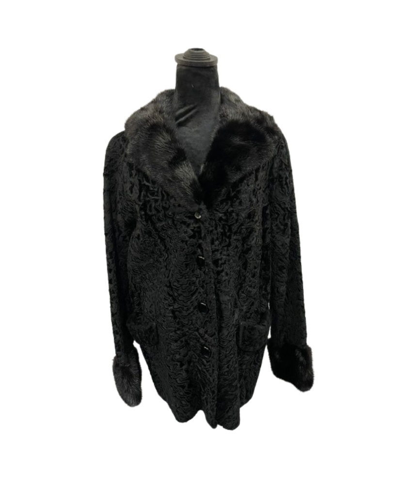 Karakol Lamb Jacket with Mink Notch Collar and Mink Trim Banded Sleeves