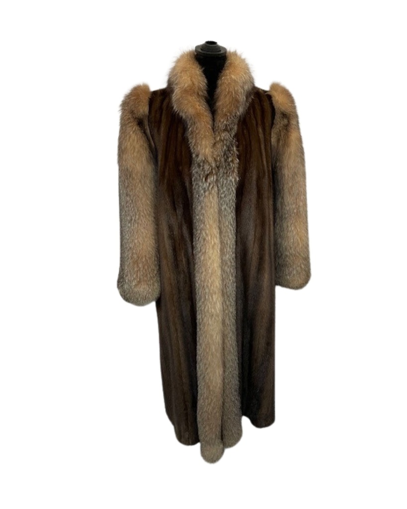 Full-Length Lunaraine Mink Coat with Crystal Fox Tuxedo and Sleeves