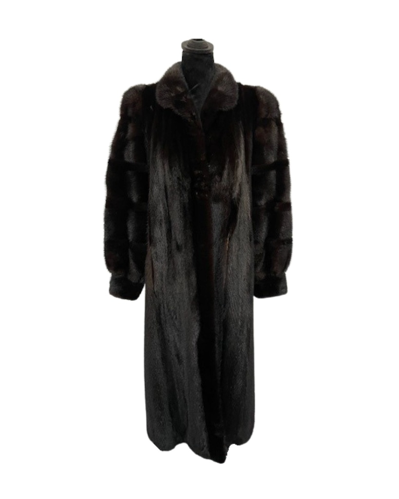 Full-Length Mahogany Mink Coat with Wing Tip Collar and Diagonal Sleeves
