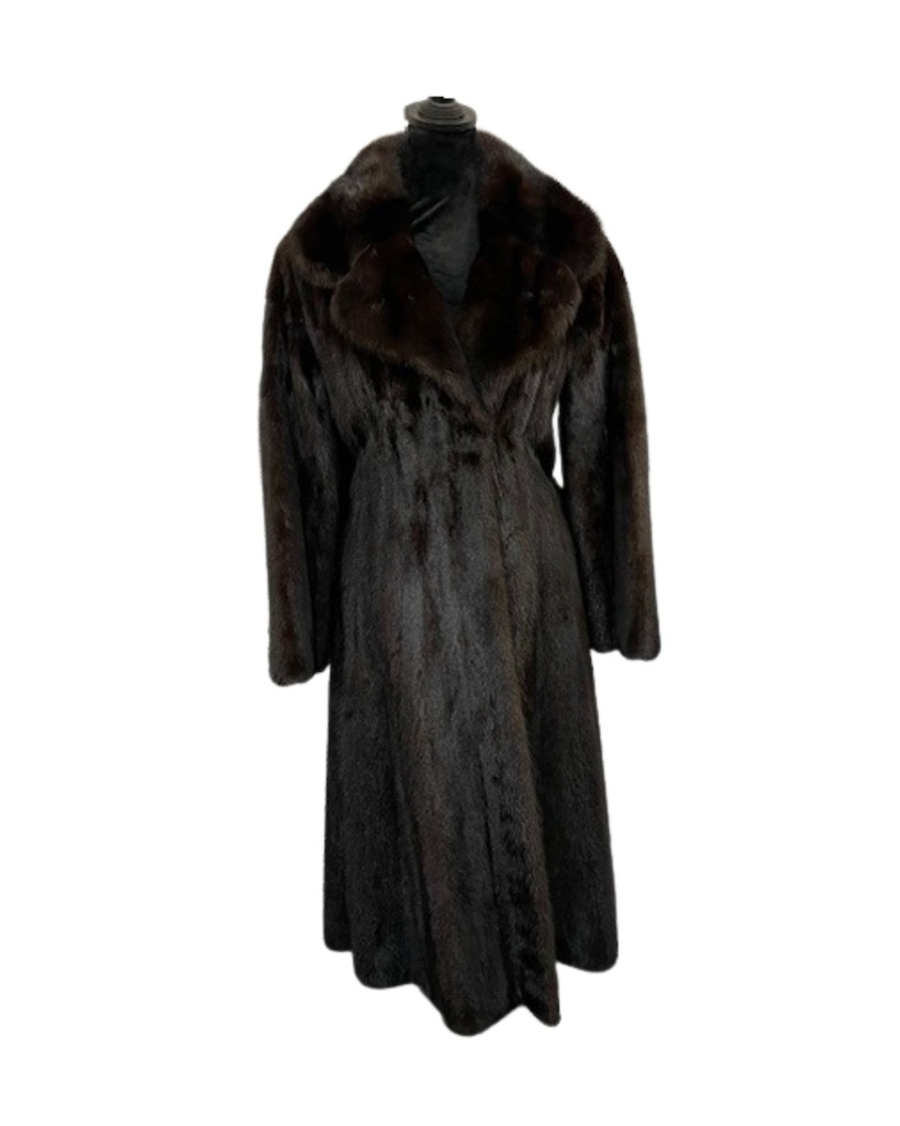 Mahogany Mink Full-Length Coat with Wing Tip Collar, Half Belt, and Open Sleeves