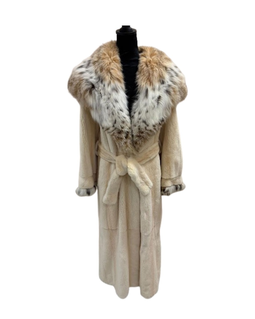 Full length should Mink with American cat lynx lined hood, shawl collar and trim sleeves Made Millie 