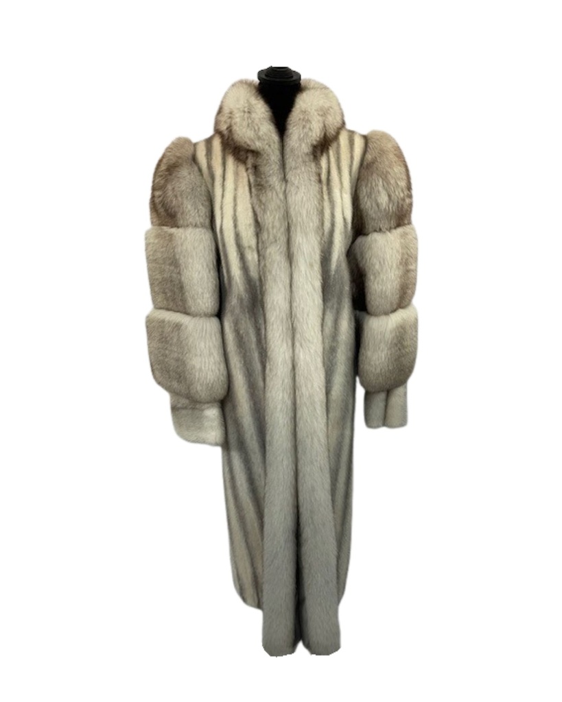 Grey Cross Mink Coat with Blue Fox Tuxedo & Sleeves