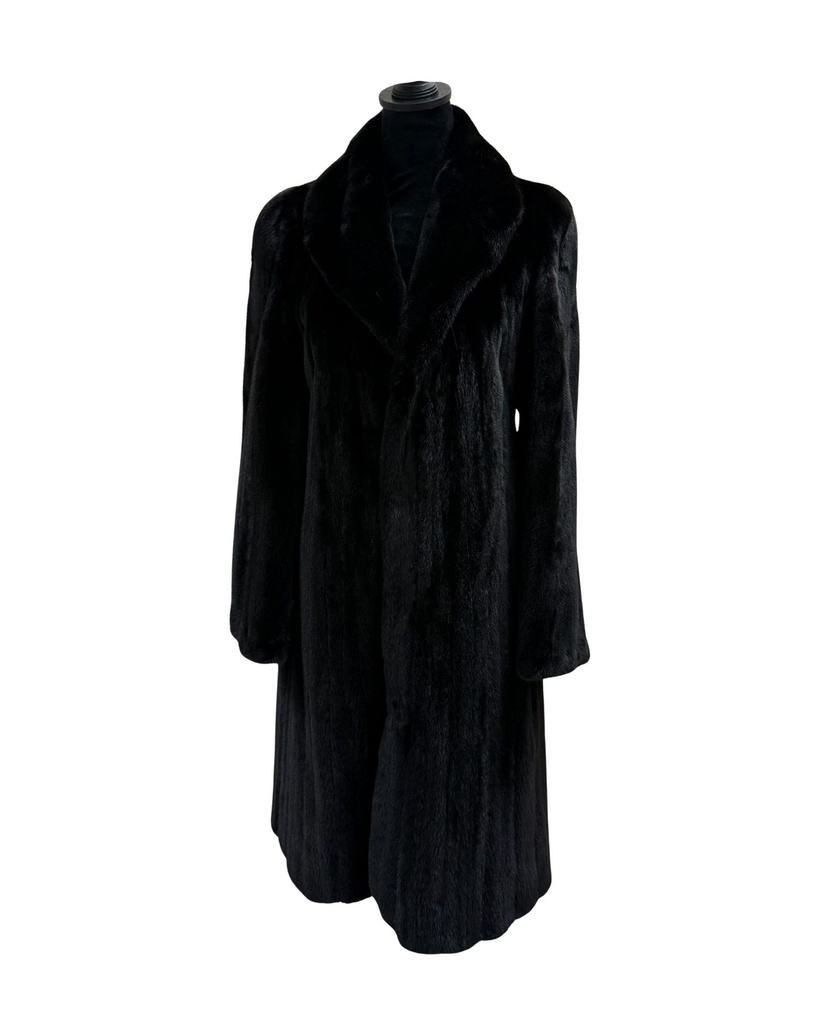 Full Length Black Glama Mink Female Skins Coat with Shawl Collar & Straight Sleeves