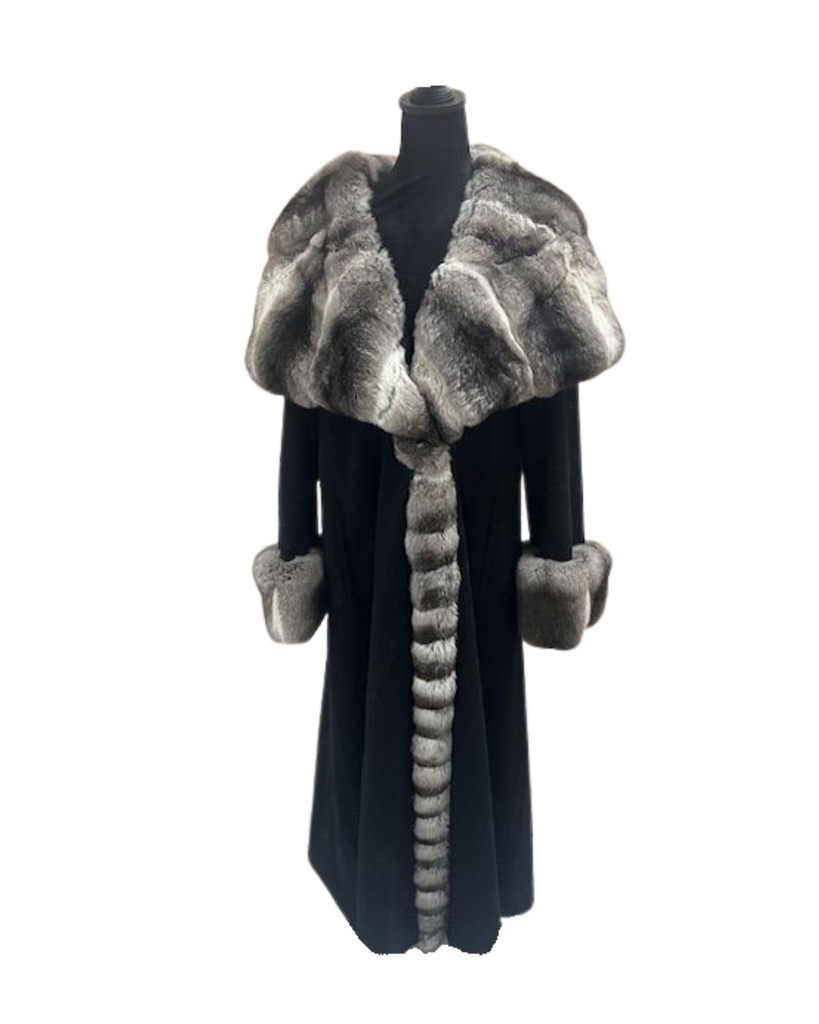 Black Cashmere Coat with Chinchilla Hood, Tuxedo Trim & Chinchilla Cuffs