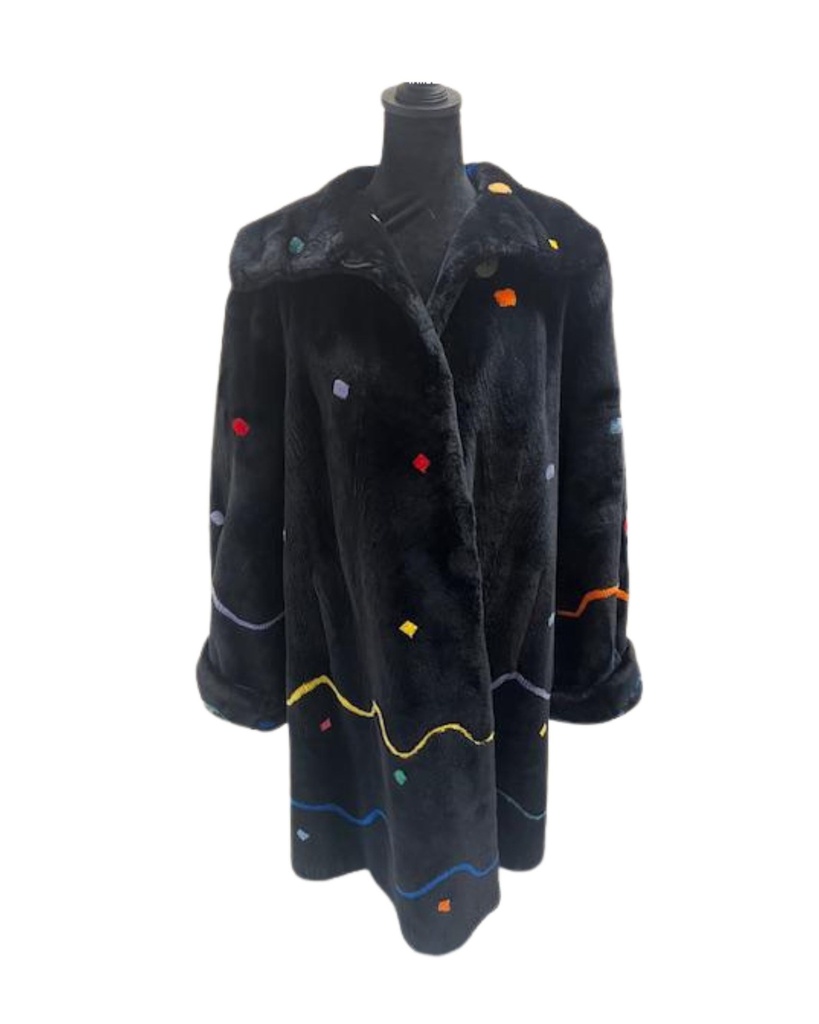 Black Sheared Beaver Coat by Saks Fifth Avenue with Multicolored Dots & Swirly Lines