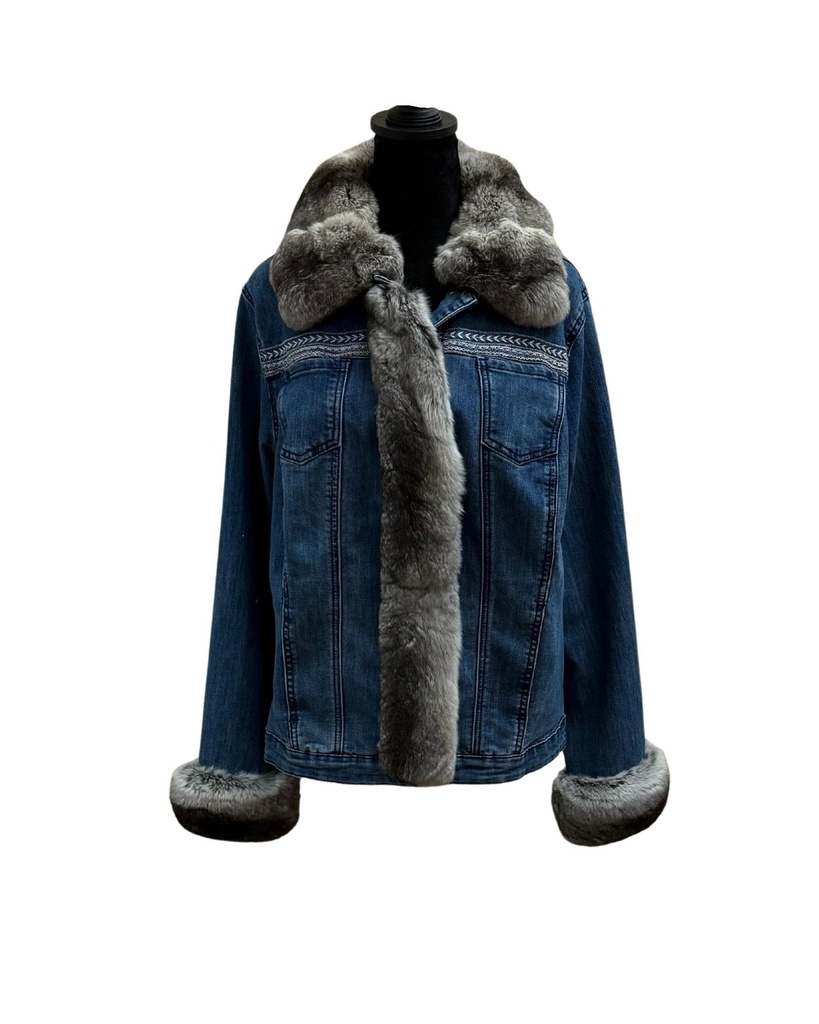 Jean Jacket with Chinchilla Tuxedo, Wing Tip Collar & Removable Cuffs