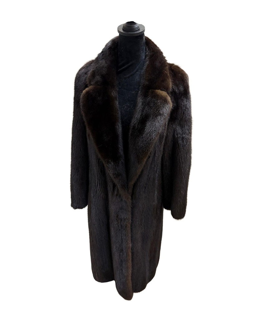 Mahogany Mink 3/4 to Full Length Male Skin Coat with Wing Tip Collar & Short Sleeves