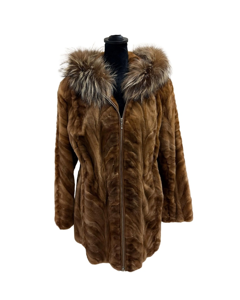 Whiskey Sheared Mink Sectional Bomber with Hood & Silver Fox Trim