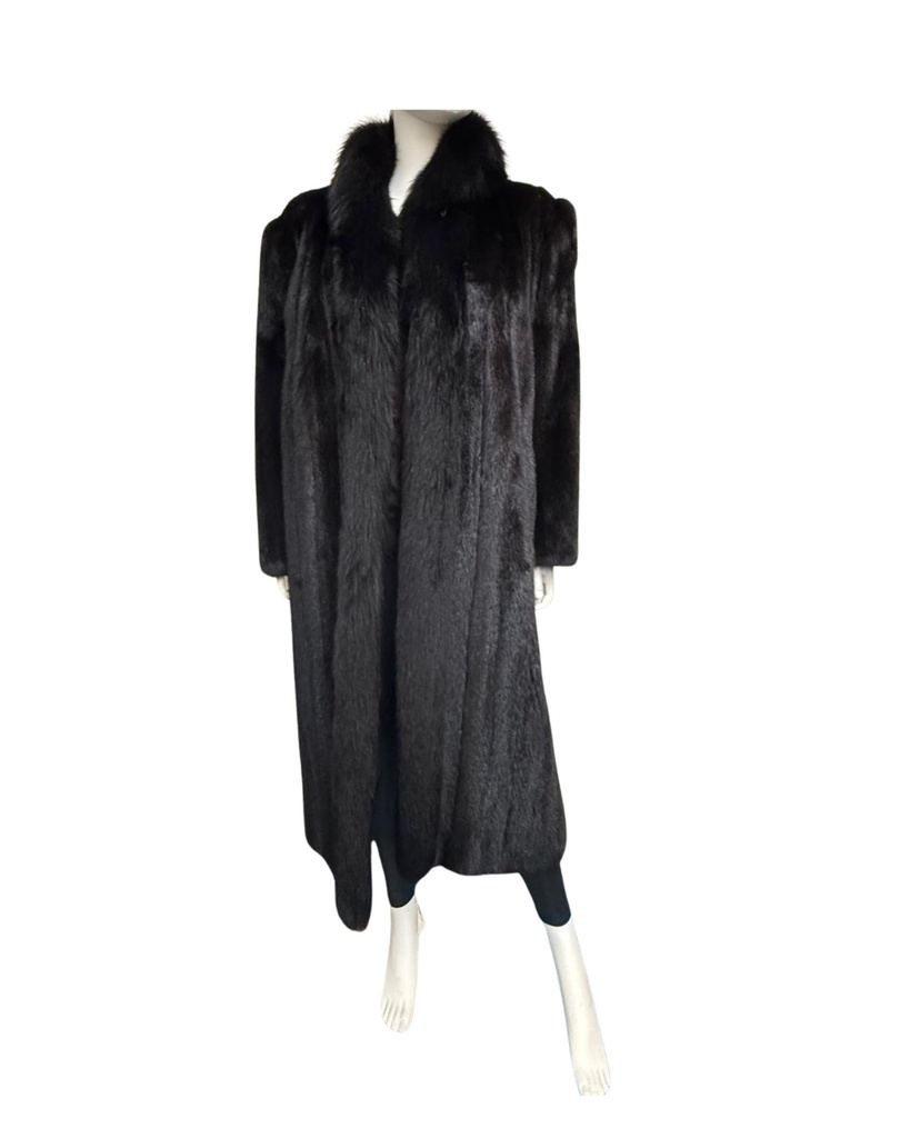 Full Length Ranch Mink Coat with Black Fox Tuxedo & Open Sleeves European Shoulders Style
