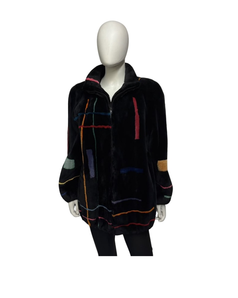 Sheared Beaver Fur Bomber Jacket with Multicolor Inserts