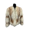 White Fox Feathered Jacket with Red Inserts and Mandarin Collar