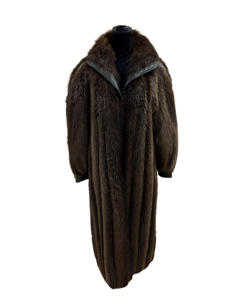 Natural Beaver Full Length Coat with Leather Piping 