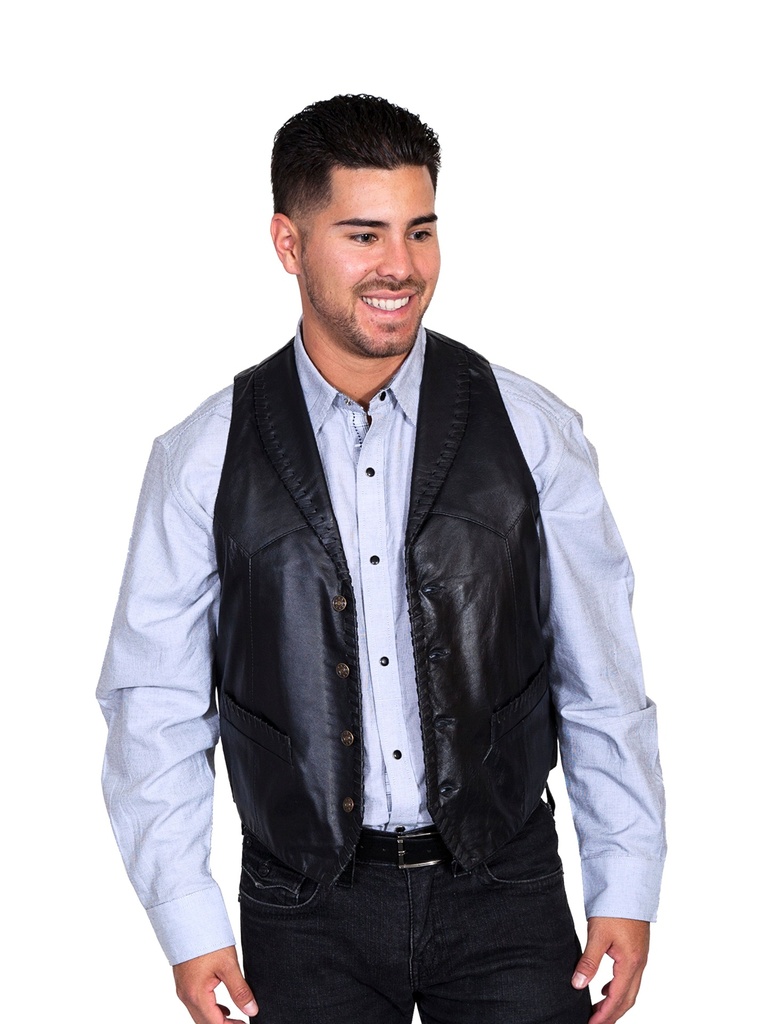Men's Whip Stitch Leather Lapel Vest (Black) | Koslow's North Dallas Furs