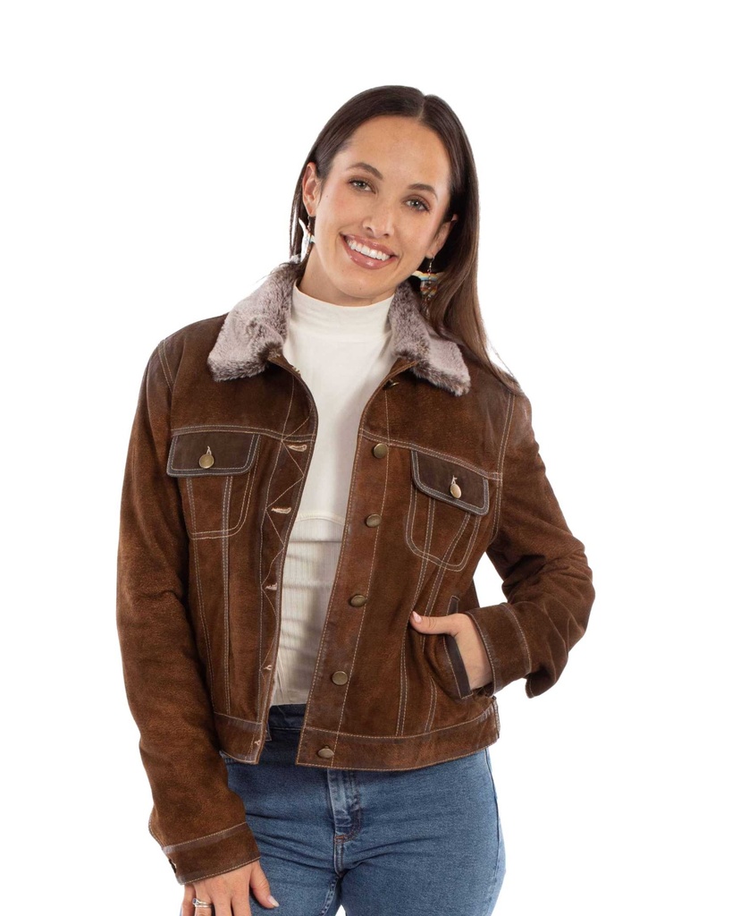 Ladies Jean Suede Jacket with Faux Fur Collar (Brown) Koslow's